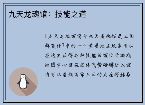 九天龙魂馆：技能之道